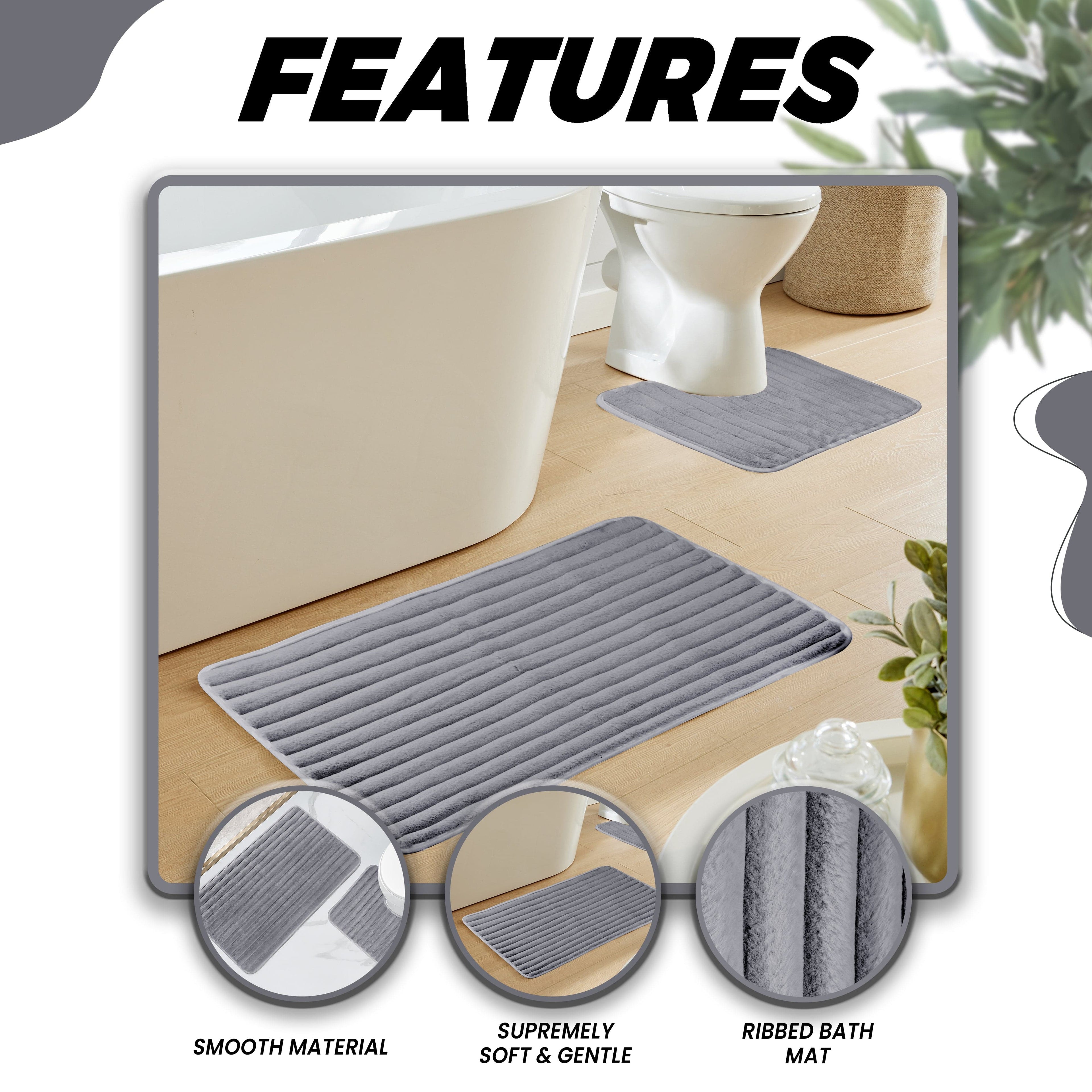 2 Piece Ribbed Bath Mat Set in Charcoal Extra Soft Non Slip Super Absorbent Bathroom & Toilet Mats Easy Care Rug by OLIVIA ROCCO