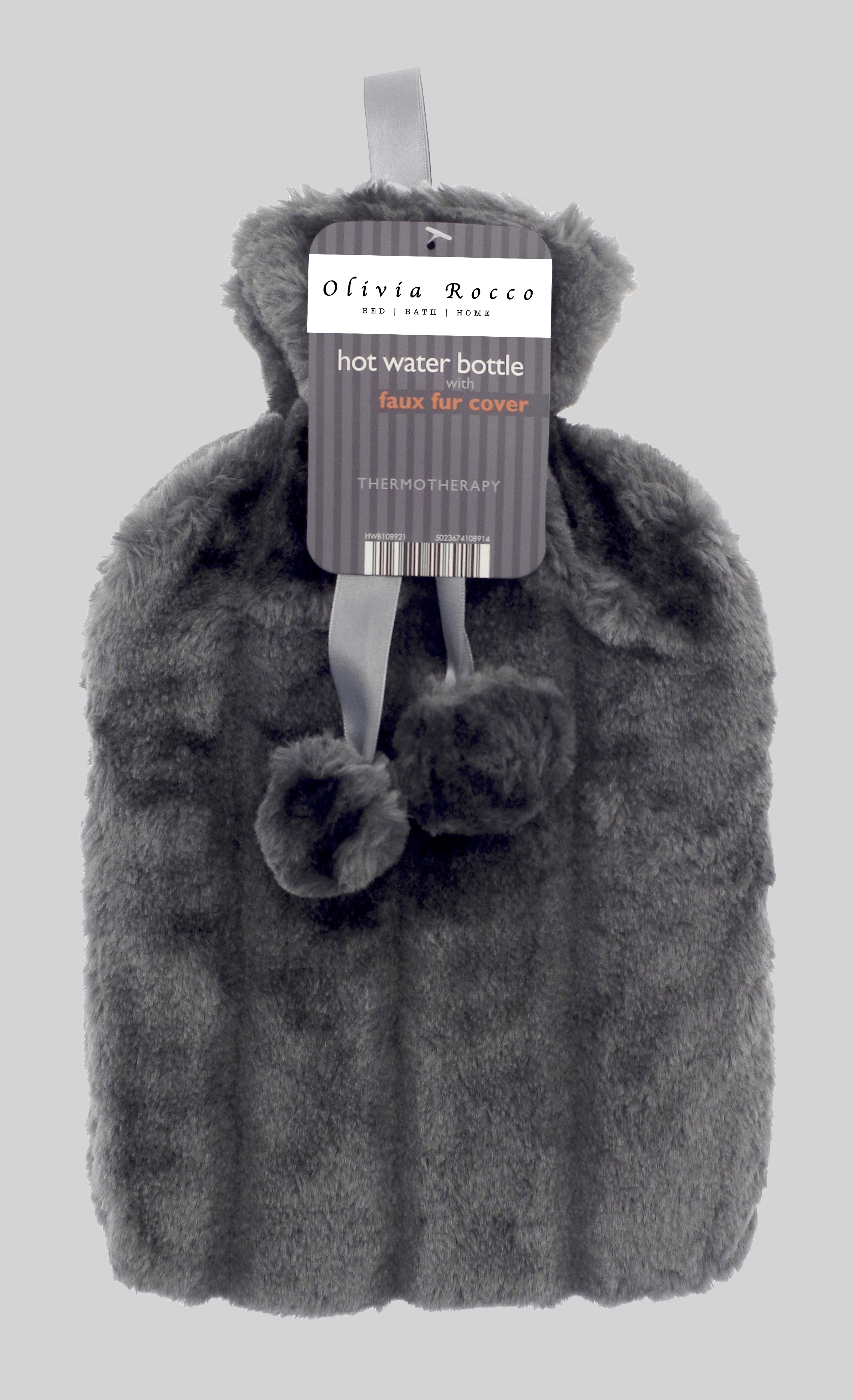 2L Soft Plush Hot Water Bottle with Faux Fur Pom Pom Cover for Warmth Durable Natural Rubber UK Safe Tested Cozy Winter Comfort Ideal Gift for Adults Kids by OLIVIA ROCCO