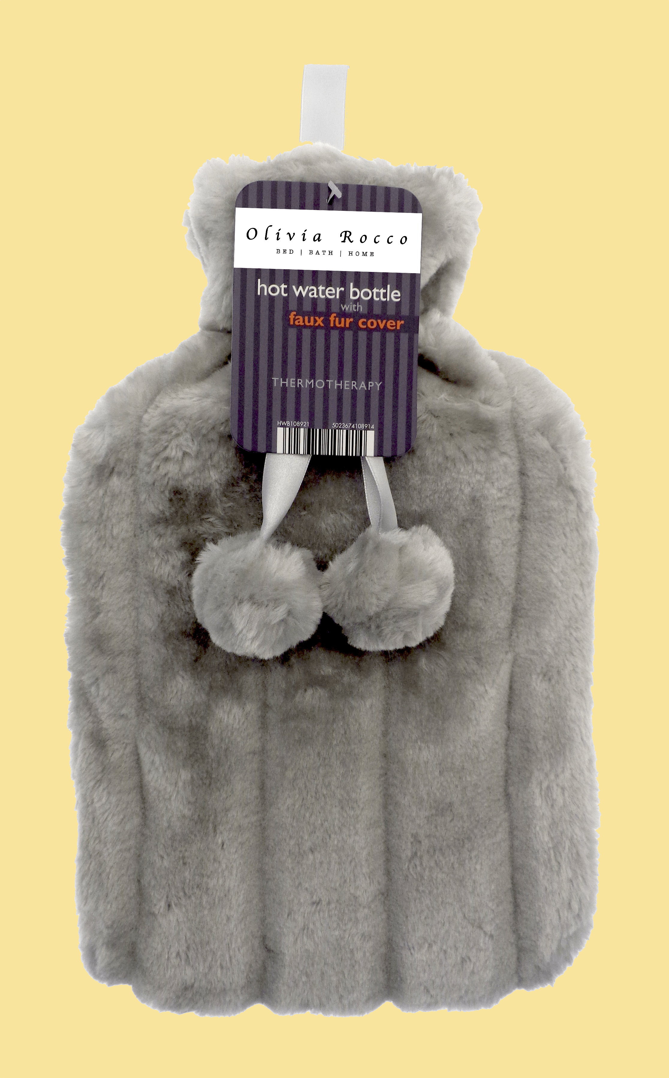 2L Soft Plush Hot Water Bottle with Faux Fur Pom Pom Cover for Warmth Durable Natural Rubber UK Safe Tested Cozy Winter Comfort Ideal Gift for Adults Kids by OLIVIA ROCCO