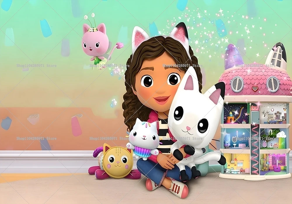 Cartoon Gabby Dollhouse Children Birthday Party Supplies Decoration Background Girl Baby Shower Pink Toy Photo Shoot Banner Prop