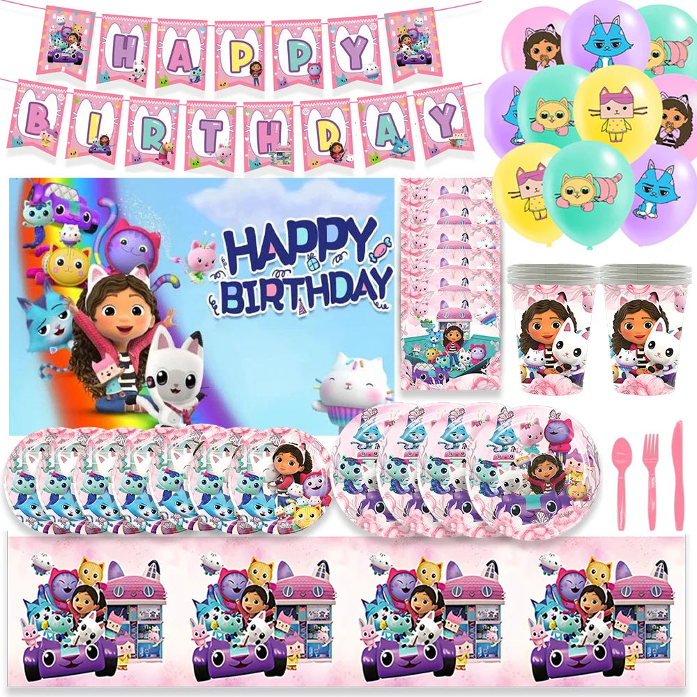 Cartoon G-Gabby Doll House Birthday Party Decorations Disposable Tableware Tablecloth Balloon Background Banner Party Supplies