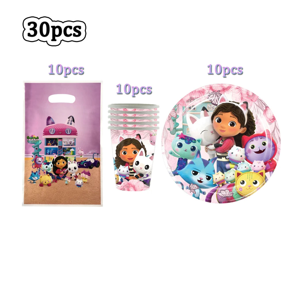 Hot Gabby Doll House Cartoon Girls Birthday Party Decorations Plate Tablecloth Paper Cup Napkin Doll House Tableware Set Gift