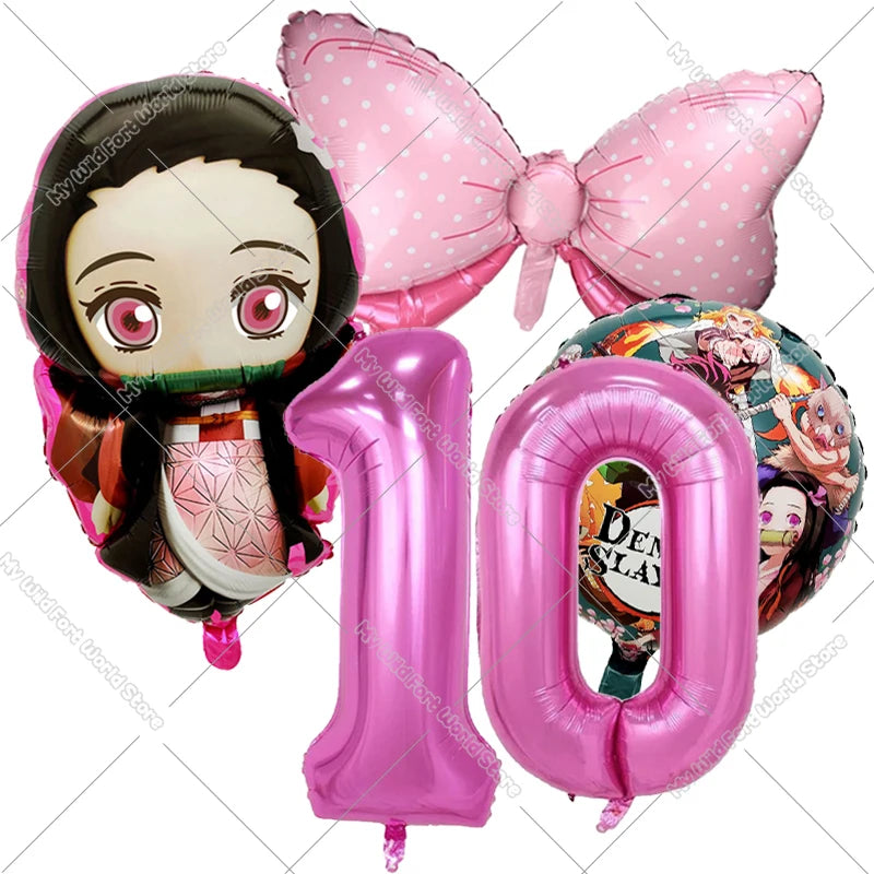 Demon Slayer Birthday Balloons Decoration Set Number Bow Kamado Tanjirou Nezuko Balloon Boy Girl Party Supplies Kids Party Favor