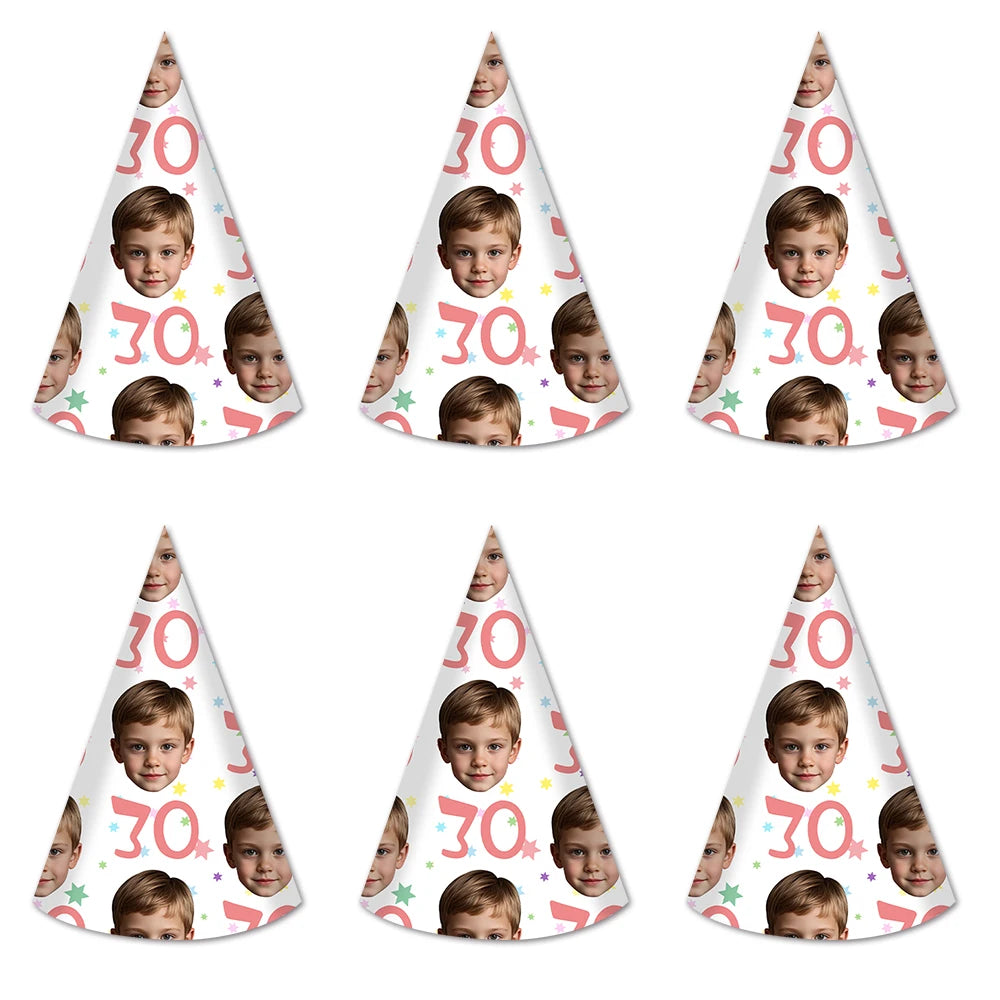 6pcs Custom Your Age and Photo Face Hats Personalized Birthday Hats Paper Hat Headware for Birthday Party Supplies