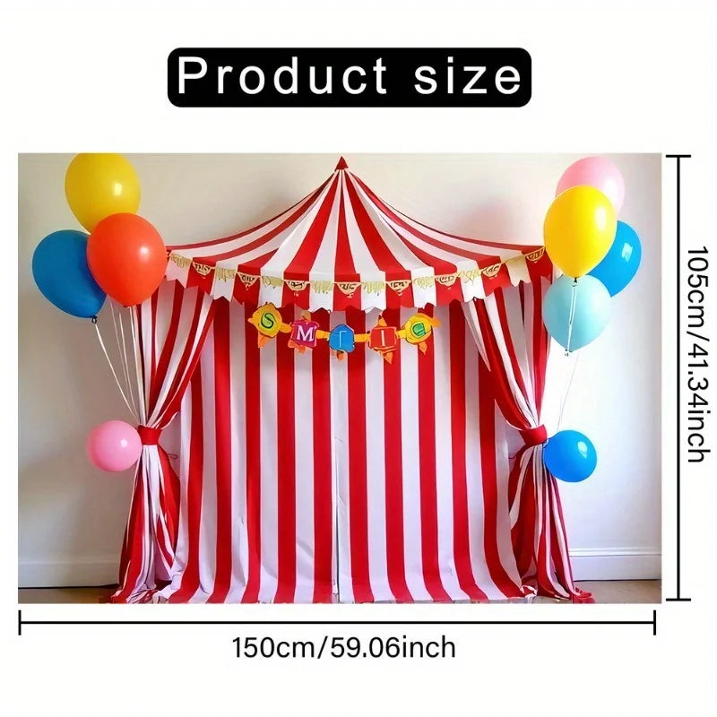 1 Carnival themed polyester background banner with colorful balloons and circus tent design - easy to hang