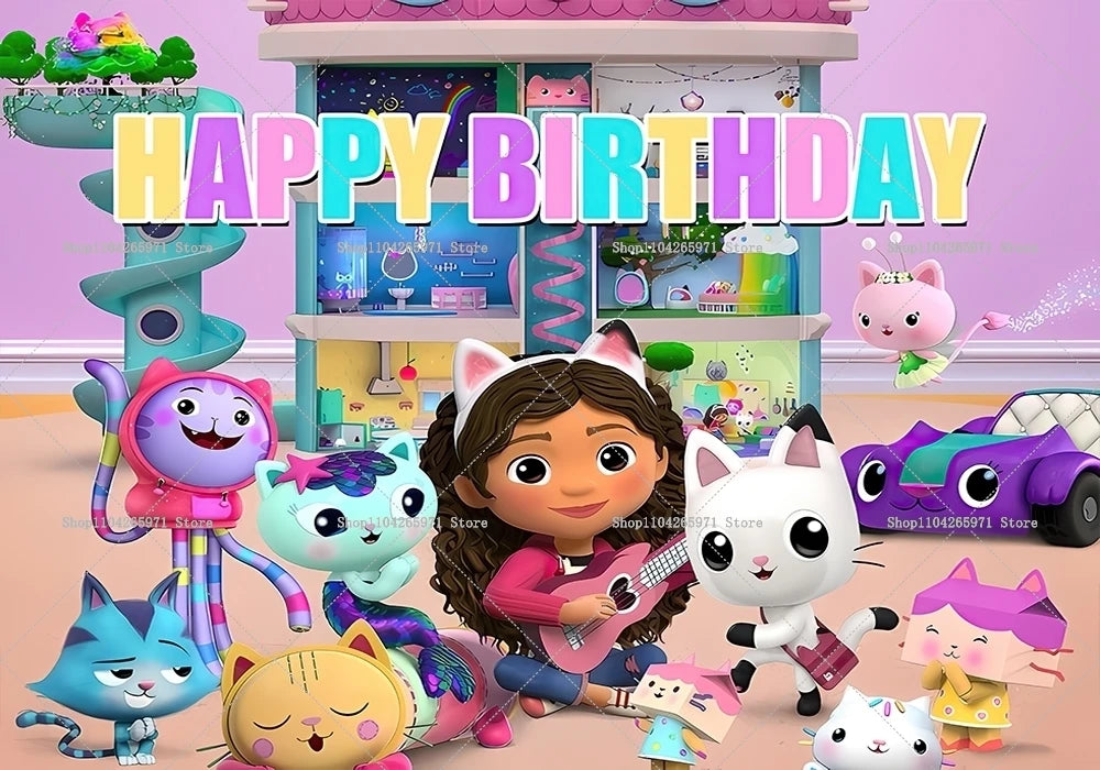 Cartoon Gabby Dollhouse Children Birthday Party Supplies Decoration Background Girl Baby Shower Pink Toy Photo Shoot Banner Prop