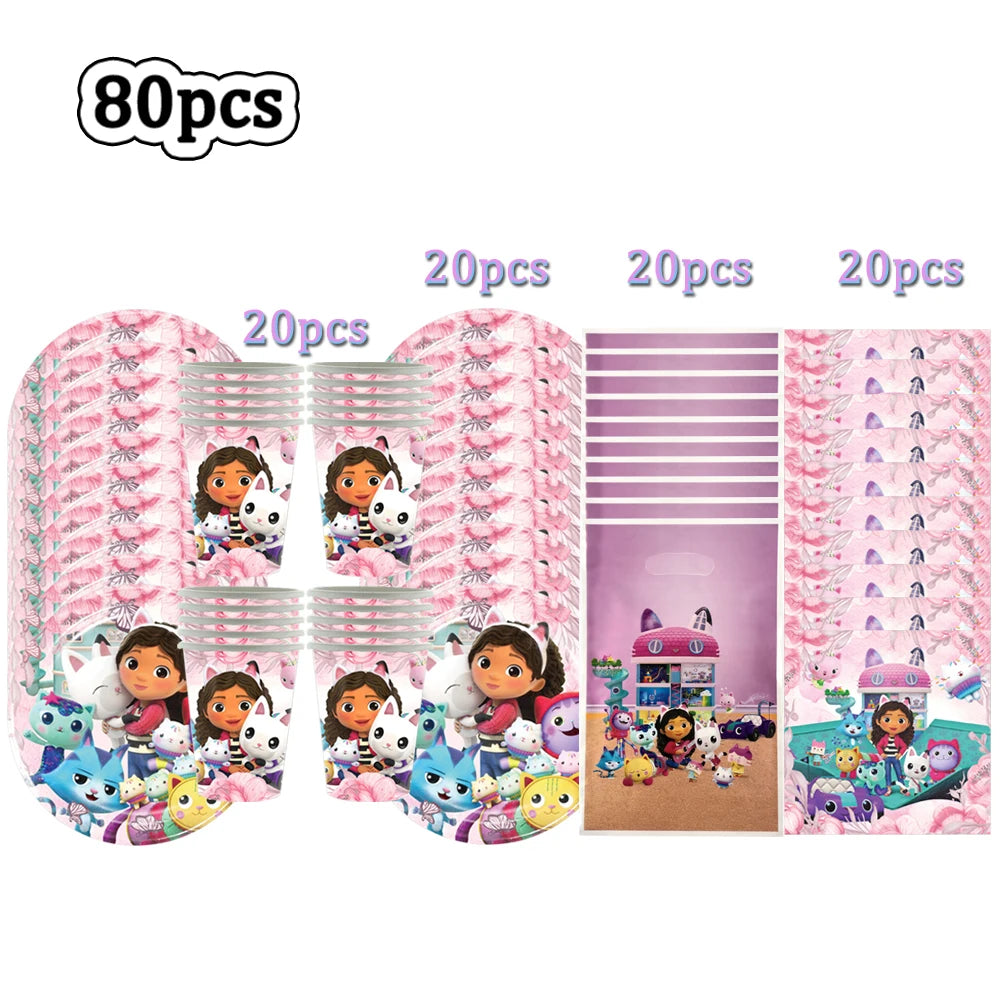 Hot Gabby Doll House Cartoon Girls Birthday Party Decorations Plate Tablecloth Paper Cup Napkin Doll House Tableware Set Gift