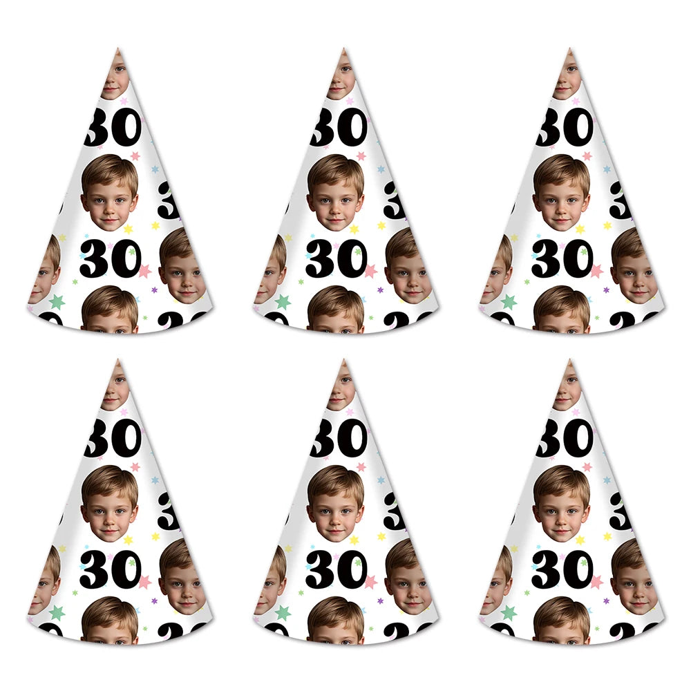 6pcs Custom Your Age and Photo Face Hats Personalized Birthday Hats Paper Hat Headware for Birthday Party Supplies