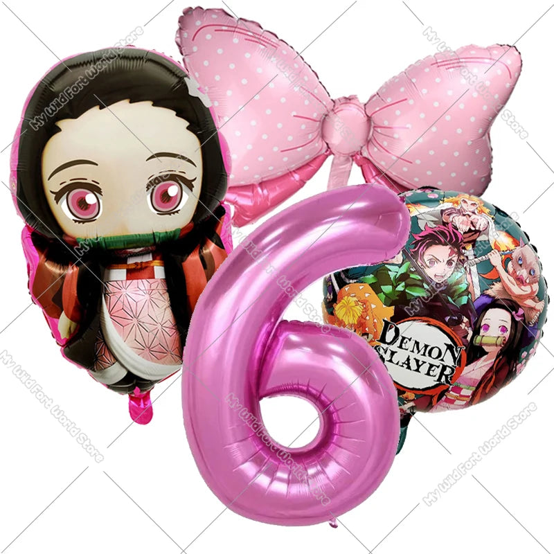 Demon Slayer Birthday Balloons Decoration Set Number Bow Kamado Tanjirou Nezuko Balloon Boy Girl Party Supplies Kids Party Favor