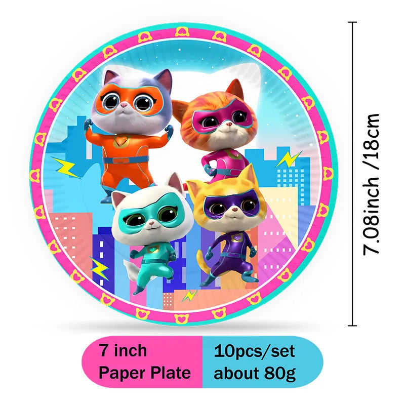 Cartoon Superkitties Birthday Party Baptism Disposable Tableware Brooch Spiral Paper Straw Party Supplie Decorate Packing