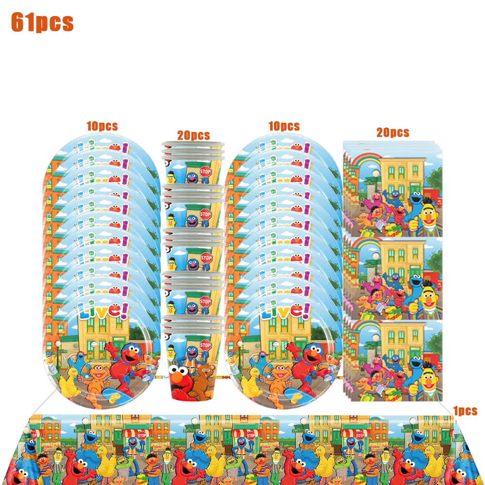 Disney Cartoon SEsame-Streets Birthday Party Set Supplies Kids Disposable Tableware Balloon Cake Topper Banner Plates Decoration