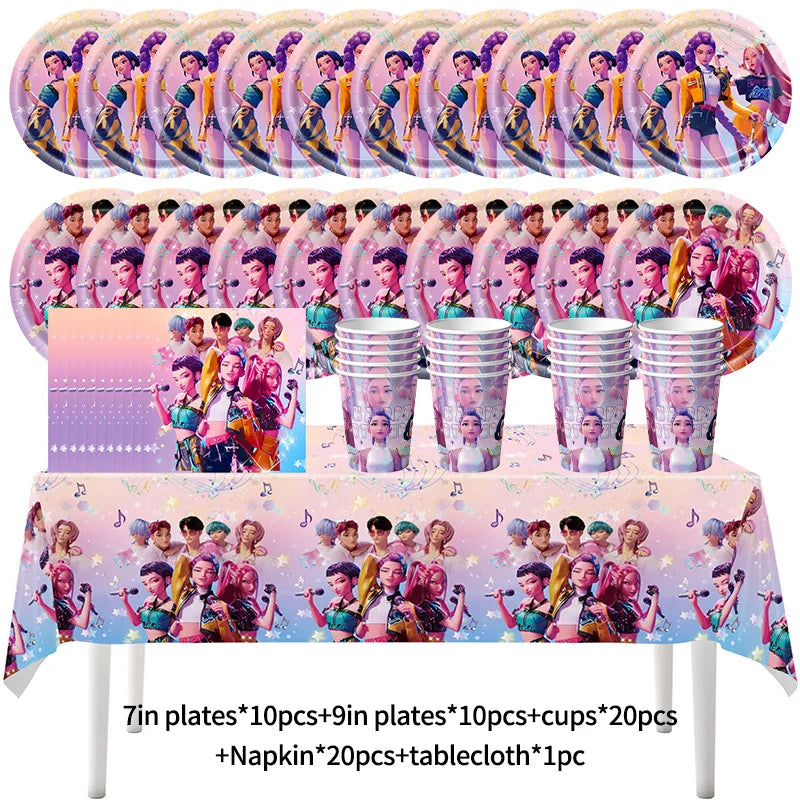 Kpop Demon Hunter Birthday Party Accessorie K Pop Birthday Warriors Pop Party Backdrop Cups Plates Tablecloth Ballons Cake Decor