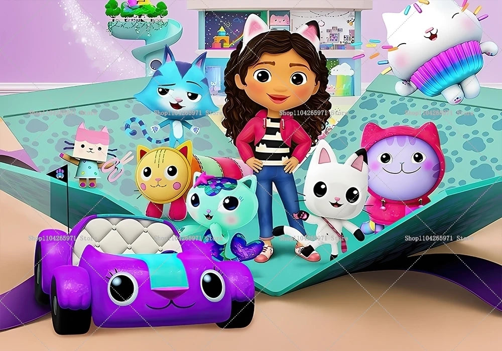 Cartoon Gabby Dollhouse Children Birthday Party Supplies Decoration Background Girl Baby Shower Pink Toy Photo Shoot Banner Prop