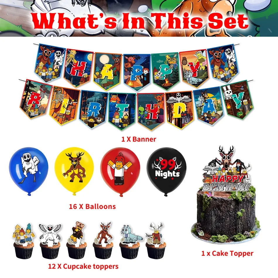 99 Nights In The Forest Themed Birthday Party Deer Balloons Best Friend Party Backdrop Cake Plugin Fans Carnival Decoration Gift