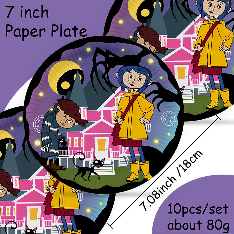 Coraline Birthday Party Decoration Disposable Set Tableware Plate Honeycomb  straws Cake Napkins Toppers for Kid Shower Supplies