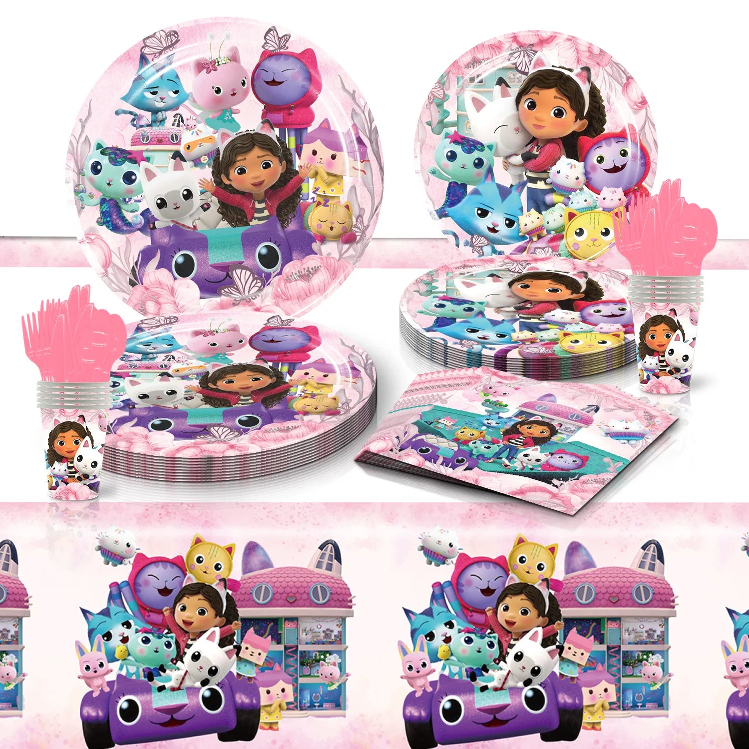 Hot Gabby Doll House Cartoon Girls Birthday Party Decorations Plate Tablecloth Paper Cup Napkin Doll House Tableware Set Gift