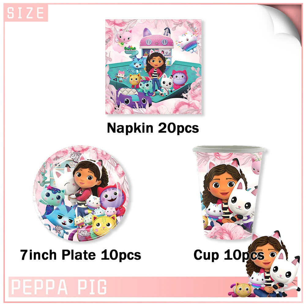Cartoon G-Gabby Doll House Birthday Party Decorations Disposable Tableware Tablecloth Balloon Background Banner Party Supplies