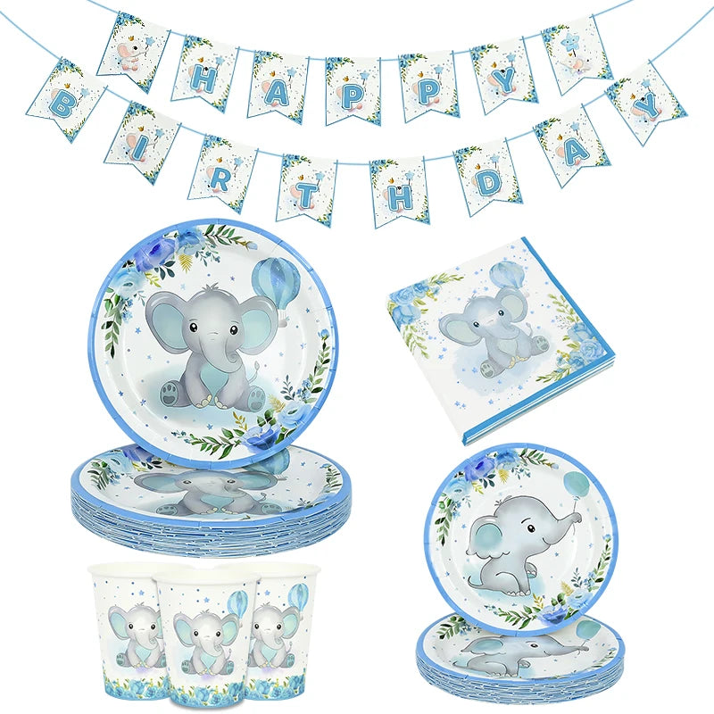 Blue Baby Elephant Disposable Tableware Set Paper Plate Cup Napkin Kids Boys 1st Birthday Party Decoration Baby Shower Supplies