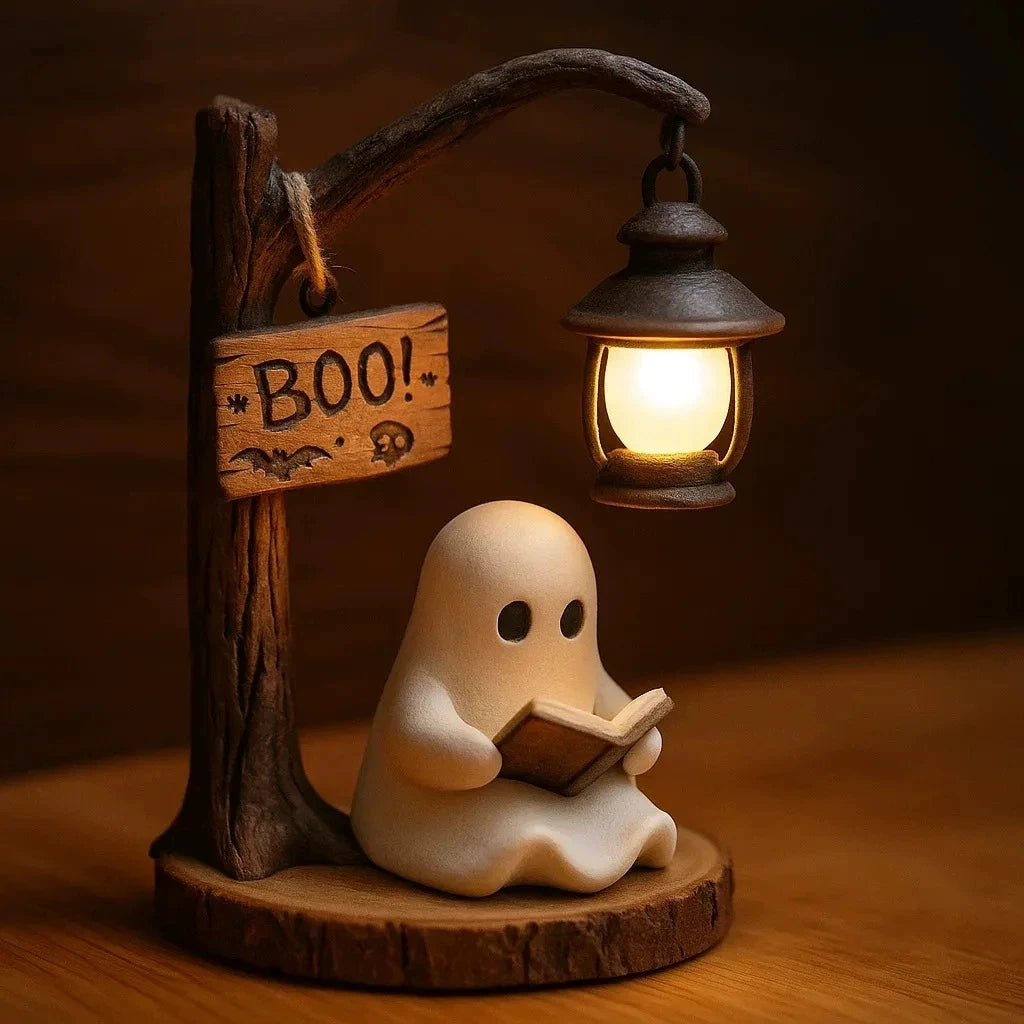 Cute Night Ghost Reading Lantern Home Ofice And Car Desktop Ornament Creative 3D Resin Halloween Reading Street Night Light Gift