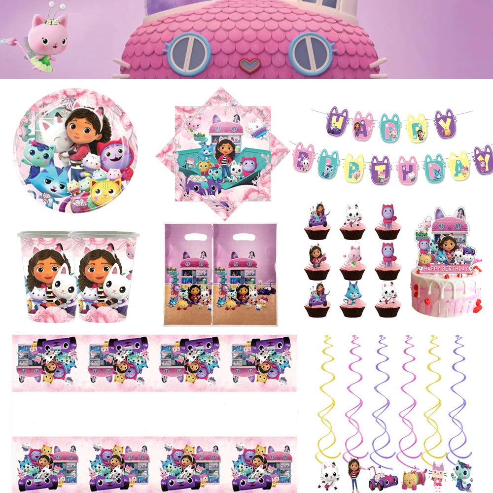 Cartoon Gabby Doll House Party Supplies Tablecloth For Kids Disposable Table Cover Favor Doll House Birthday Festival Decoration