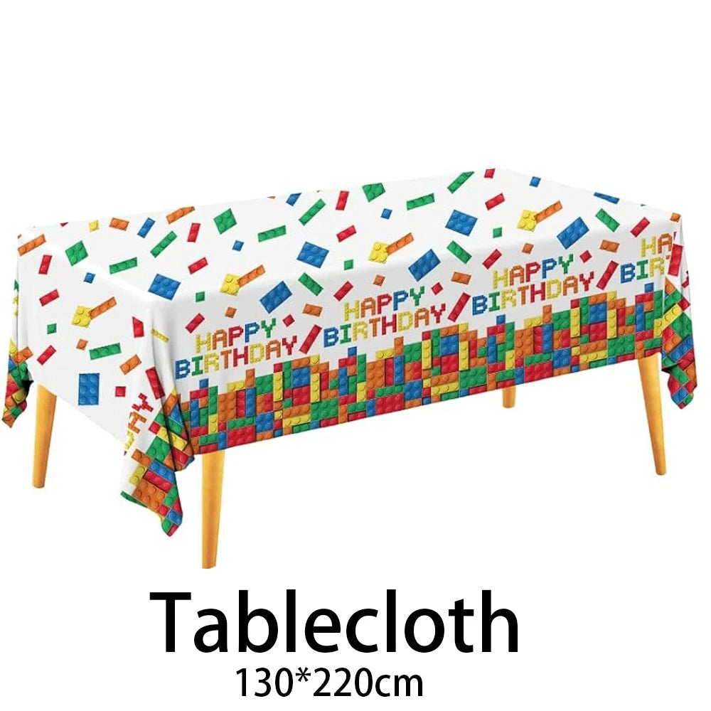 Building Block Tablecloth Theme Party Disposable Tableware Balloon Kid Boy and Girls Birthday Balloon Decor Baby Bath Products
