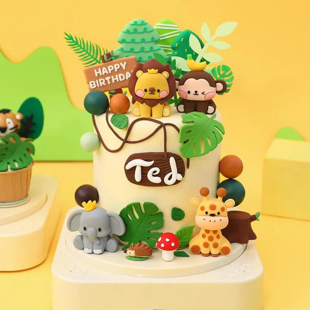 Cute Forest Animal Cake Topper Jungle Safari Birthday Decor Supplies Giraffe Elephant Lion Tiger Cake Decor For Kids 1 2 3 Years