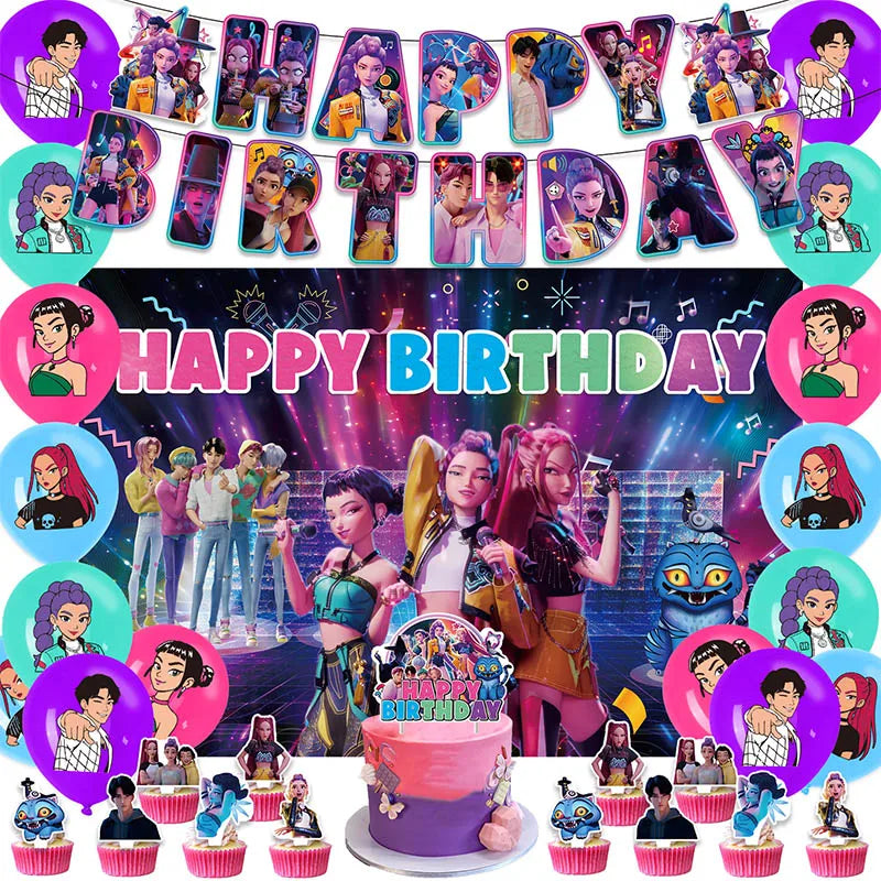 Kpop Demon Hunter Birthday Party Accessorie K Pop Birthday Warriors Pop Party Backdrop Cups Plates Tablecloth Ballons Cake Decor