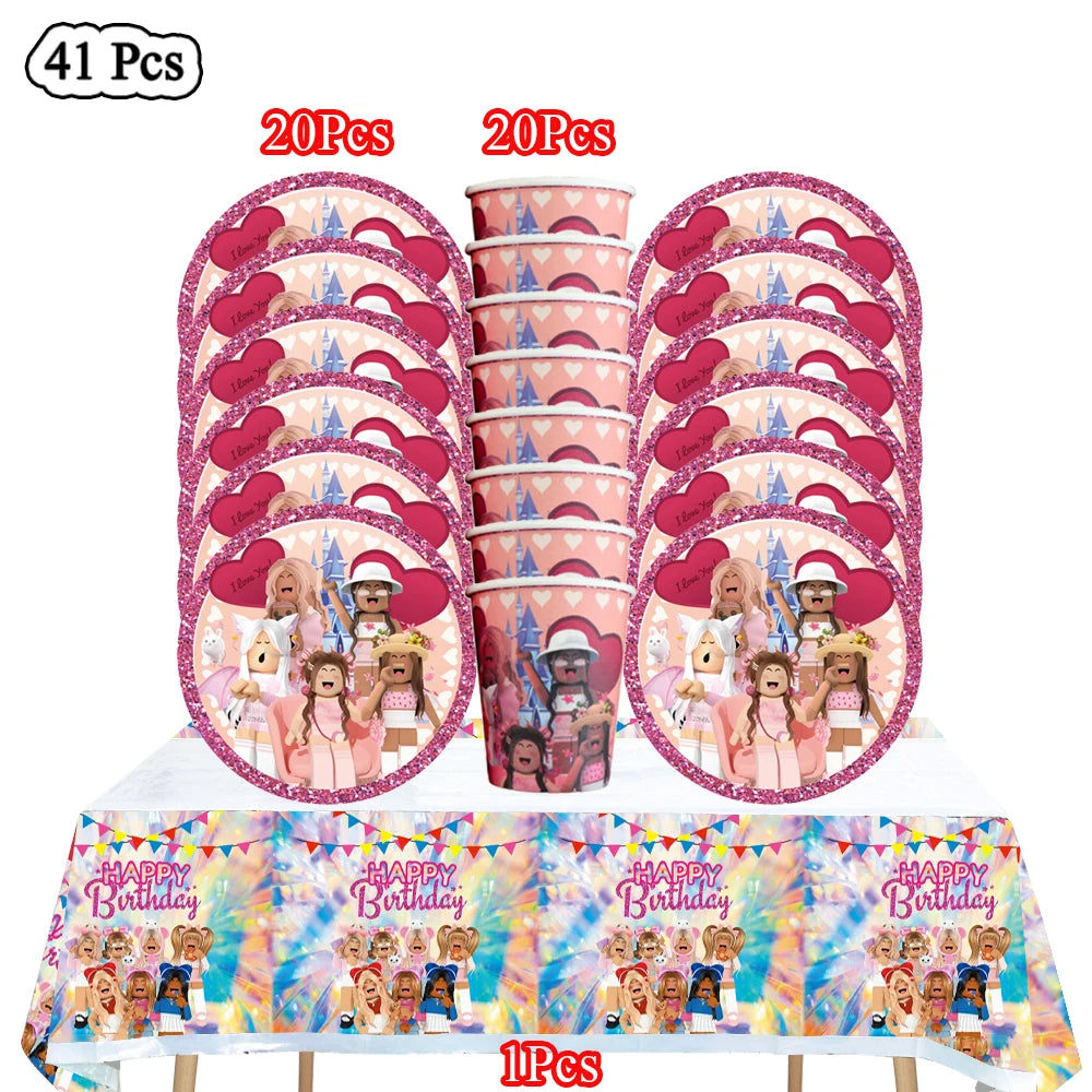 Cartoon Pink Roblox Birthday Party Decorations Napkins balloons Plate Girls Baby Shower Disposable Robot Tableware Supplies set