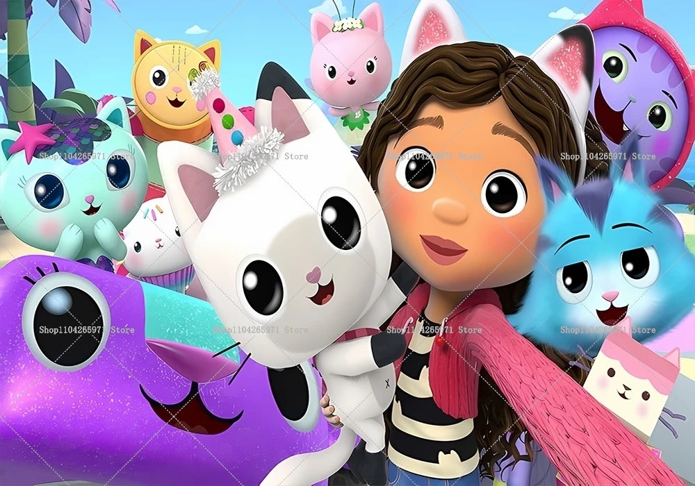 Cartoon Gabby Dollhouse Children Birthday Party Supplies Decoration Background Girl Baby Shower Pink Toy Photo Shoot Banner Prop