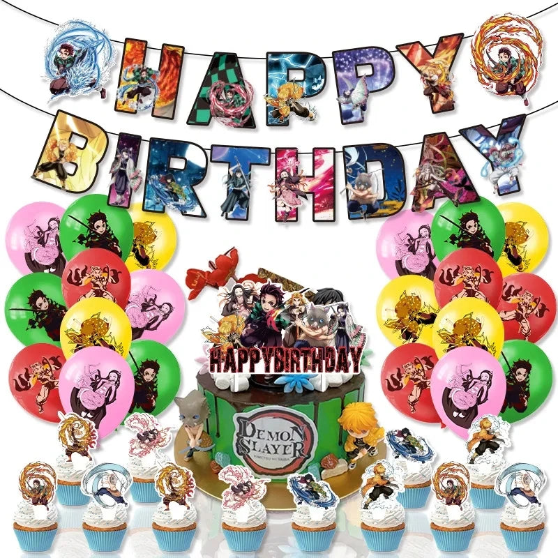 Demoned Slayered Kimetsu No Yaiba Balloon Happy Birthday Banner Party Decoration Disposable Tableware Background Toy Ballon