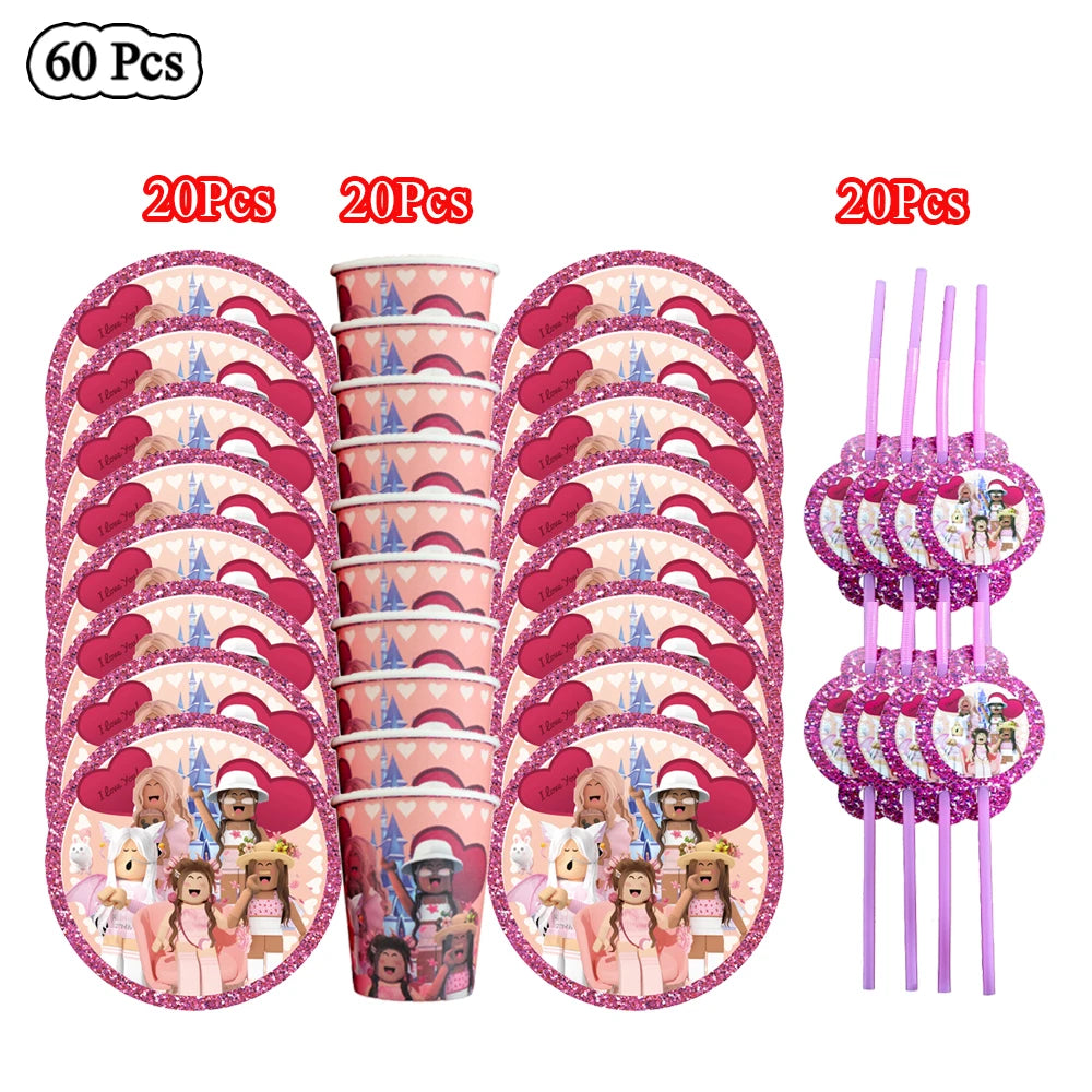 Cartoon Pink Roblox Birthday Party Decorations Napkins balloons Plate Girls Baby Shower Disposable Robot Tableware Supplies set