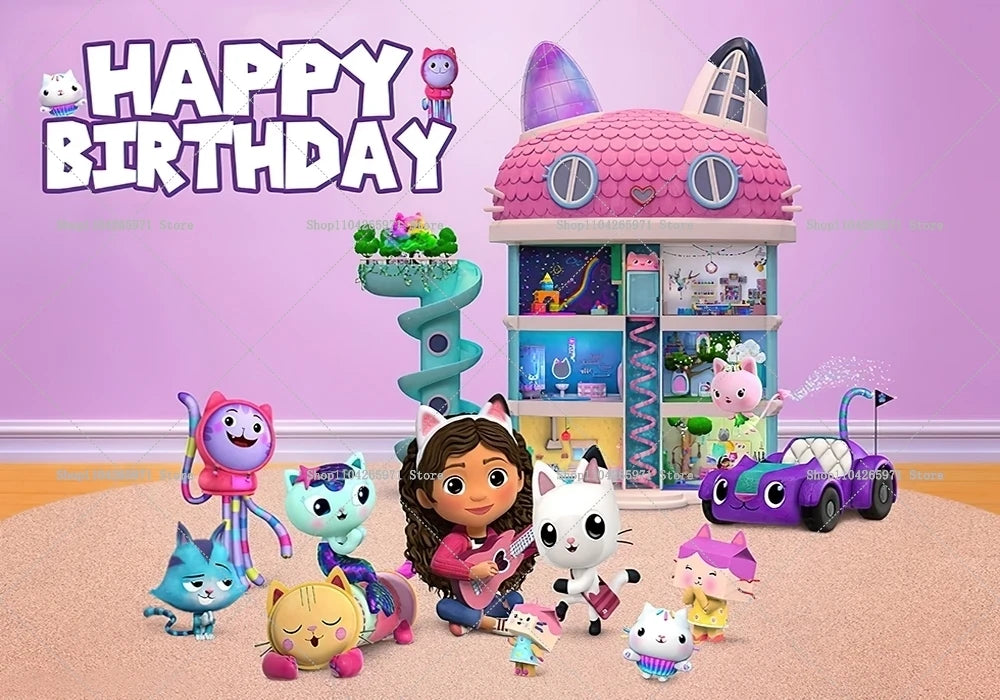 Cartoon Gabby Dollhouse Children Birthday Party Supplies Decoration Background Girl Baby Shower Pink Toy Photo Shoot Banner Prop