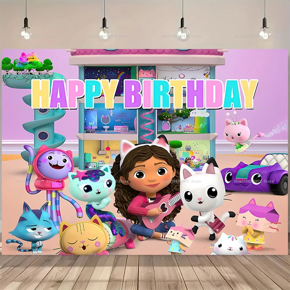 Cartoon Gabby Dollhouse Children Birthday Party Supplies Decoration Background Girl Baby Shower Pink Toy Photo Shoot Banner Prop
