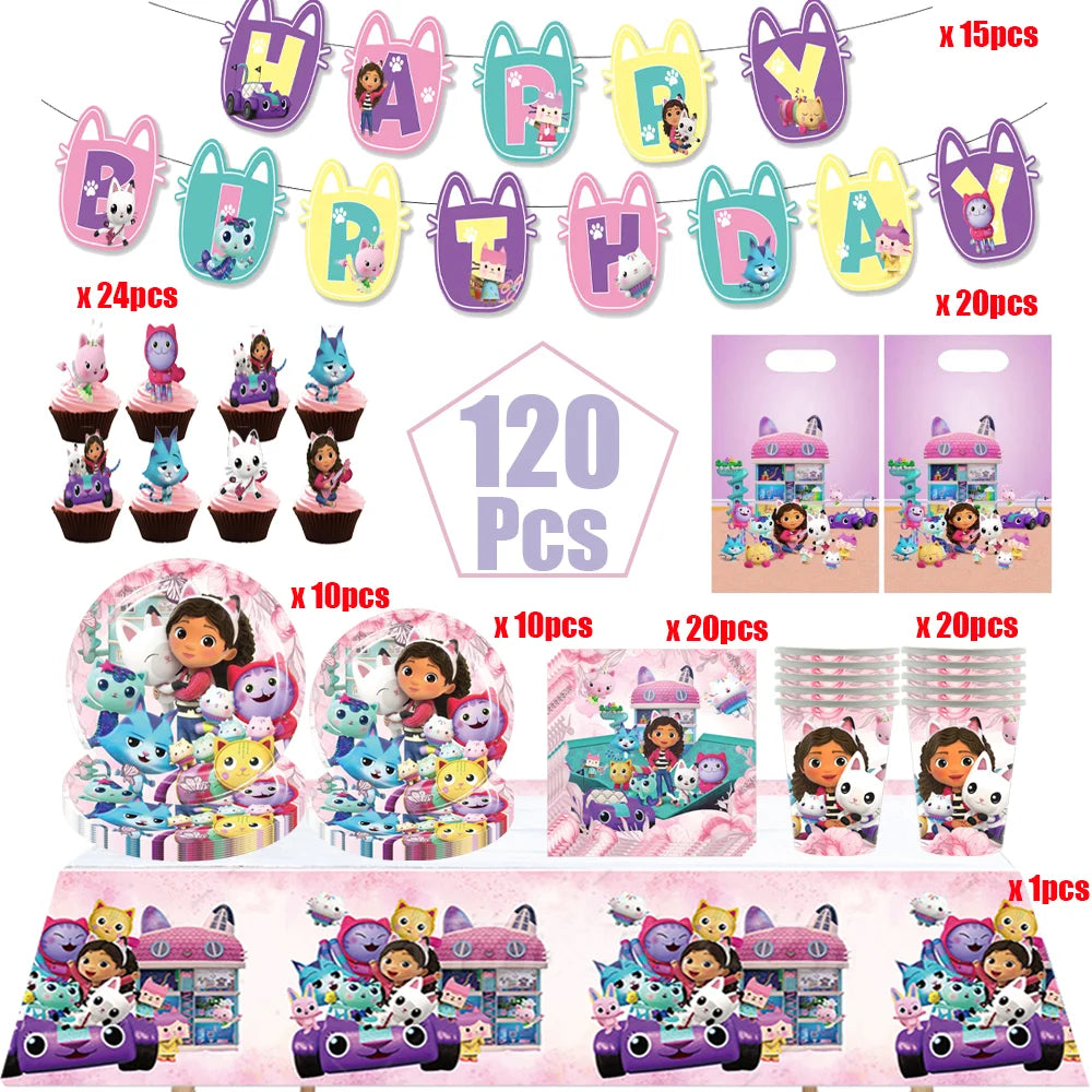 Cartoon Gabbys Birthday Party Decor Dollhouse Disposable Tableware Set Paper Cups Plates Tablecloth Baby Shower Kids Supplies