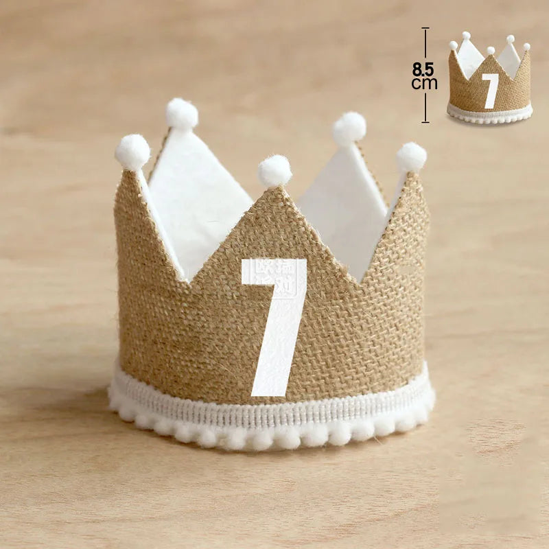 Burlap Crown Baby Birthday Party Hat 1/2 1 2 3 4 5 6 7 8 9 Year Baby Boy Girl Linen Headband 100 Year Adult Anniversary Cap