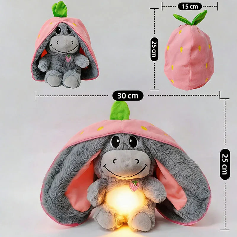 2026 Hot Breathing Soothing Cute Strawberry Donkey Plush Toys Sleep Companion Music and Light Dolls Soft  Plush Bedtime Toys