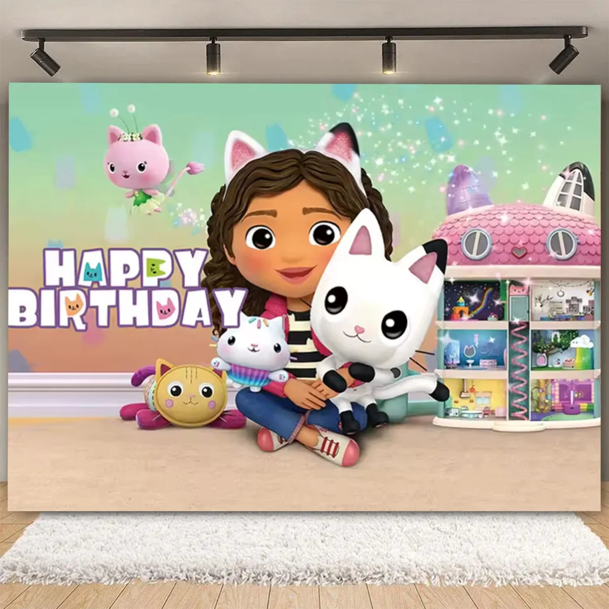 Cartoon-Gabby Dollhouse Children's Birthday Party Supplies Decoration Background Girl Baby Shower Pink Cat Toy Photo Banner Prop
