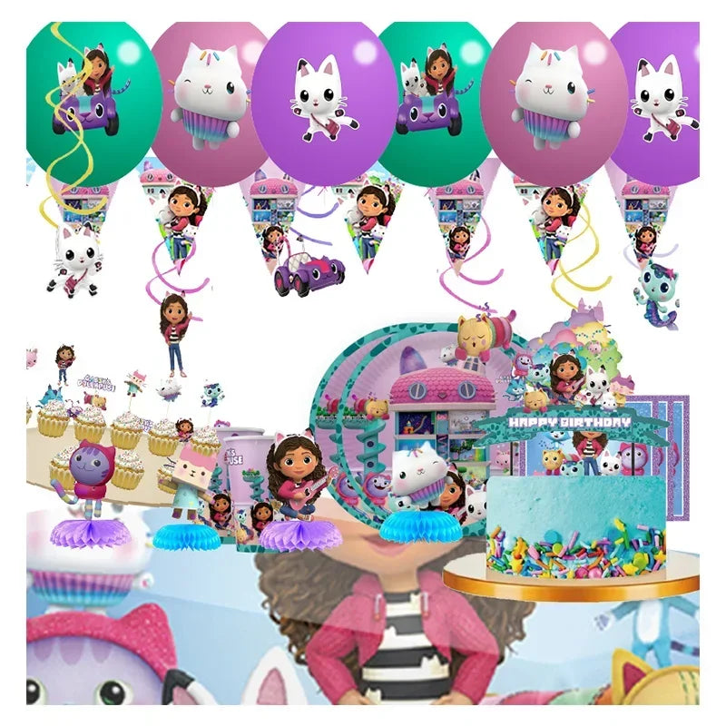 Cartoon Gabby Dollhouse Party Supplies Birthday Party Disposable Tableware Set Paper Plate Cup Napkins Baby Shower Decorations