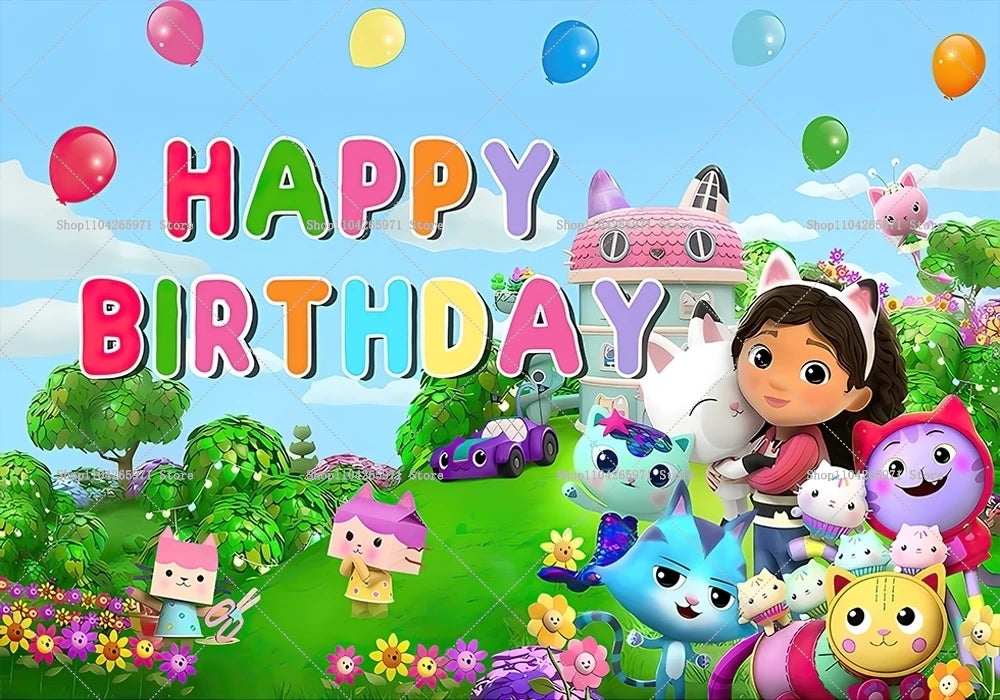 Cartoon Gabby Dollhouse Children Birthday Party Supplies Decoration Background Girl Baby Shower Pink Toy Photo Shoot Banner Prop