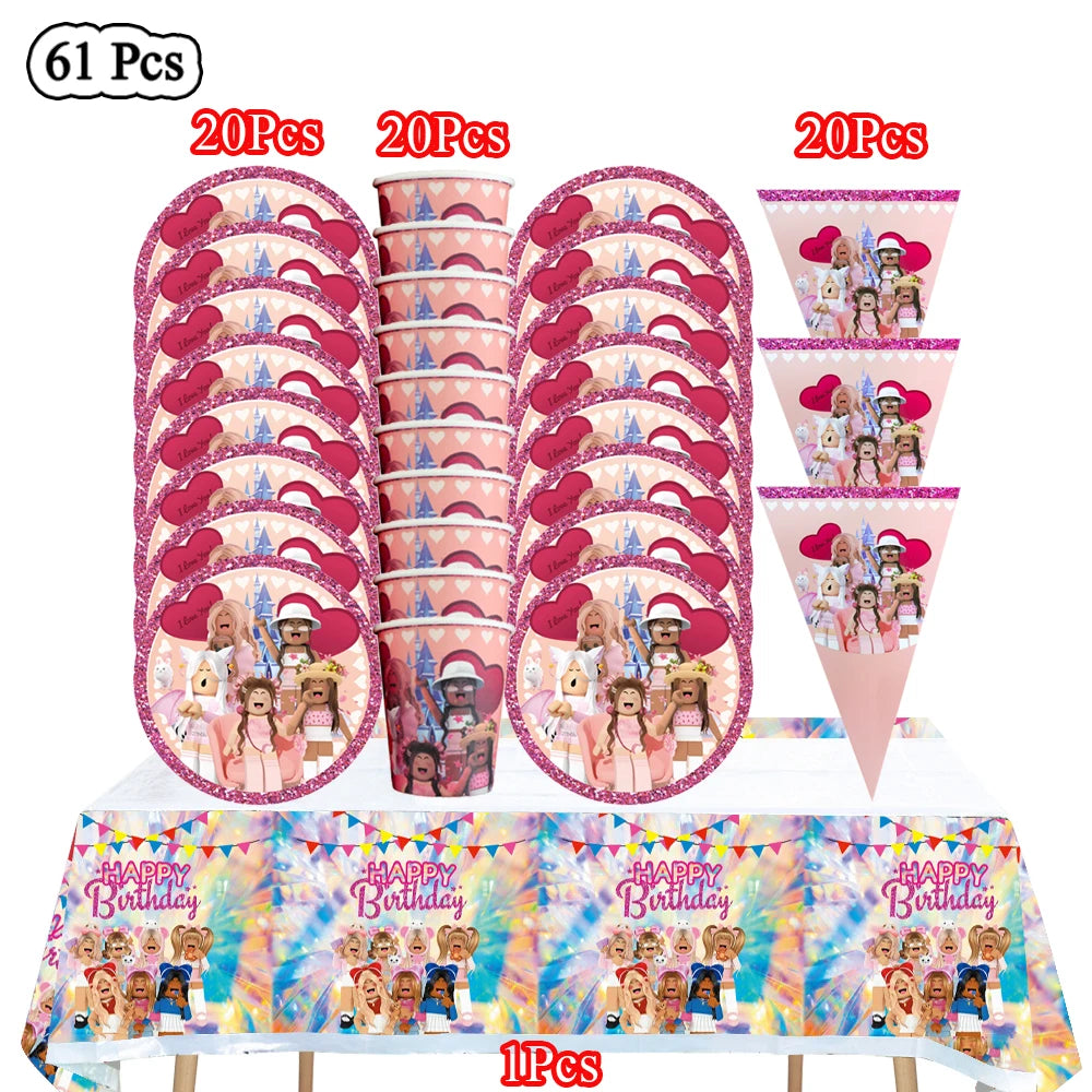 Cartoon Pink Roblox Birthday Party Decorations Napkins balloons Plate Girls Baby Shower Disposable Robot Tableware Supplies set
