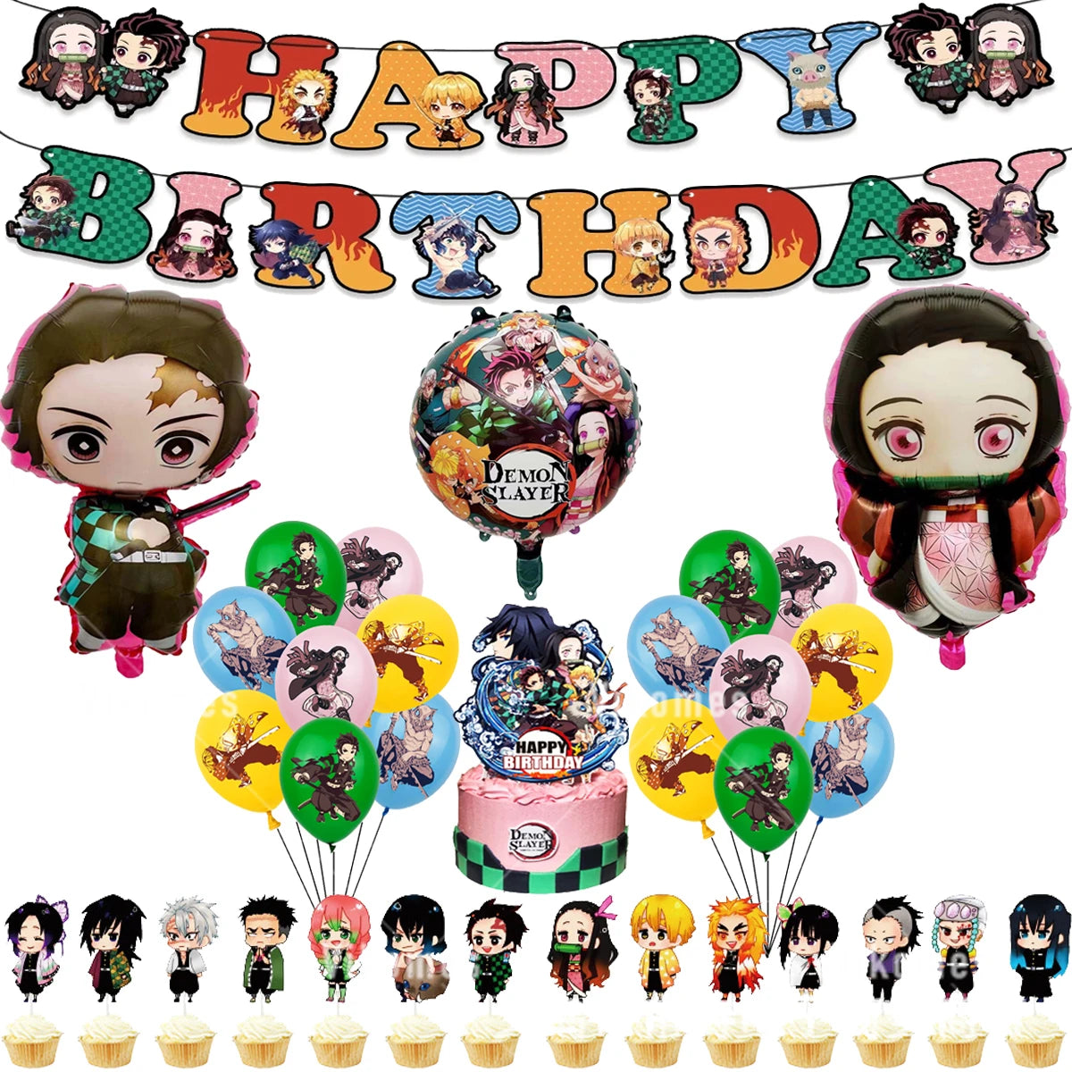 Demoned Slayered Kimetsu No Yaiba Balloon Happy Birthday Banner Party Decoration Disposable Tableware Background Toy Ballon