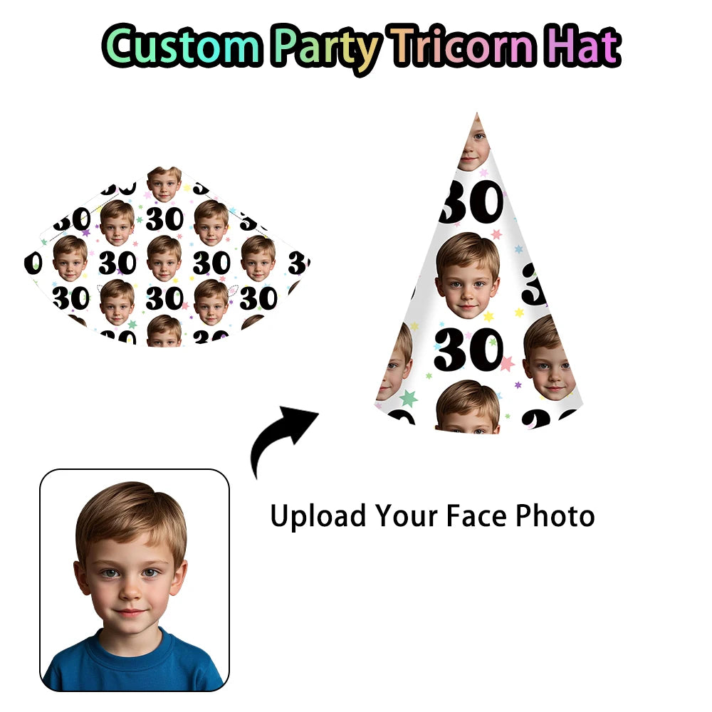 6pcs Custom Your Age and Photo Face Hats Personalized Birthday Hats Paper Hat Headware for Birthday Party Supplies