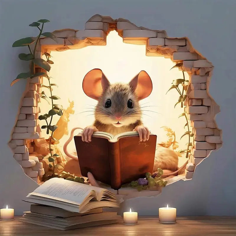 1pc Mouse Book Lover's Cute Mouse Hole Wall Stickers Waterproof Vinyl Decals Home Bedroom Living Room Animal Decoration