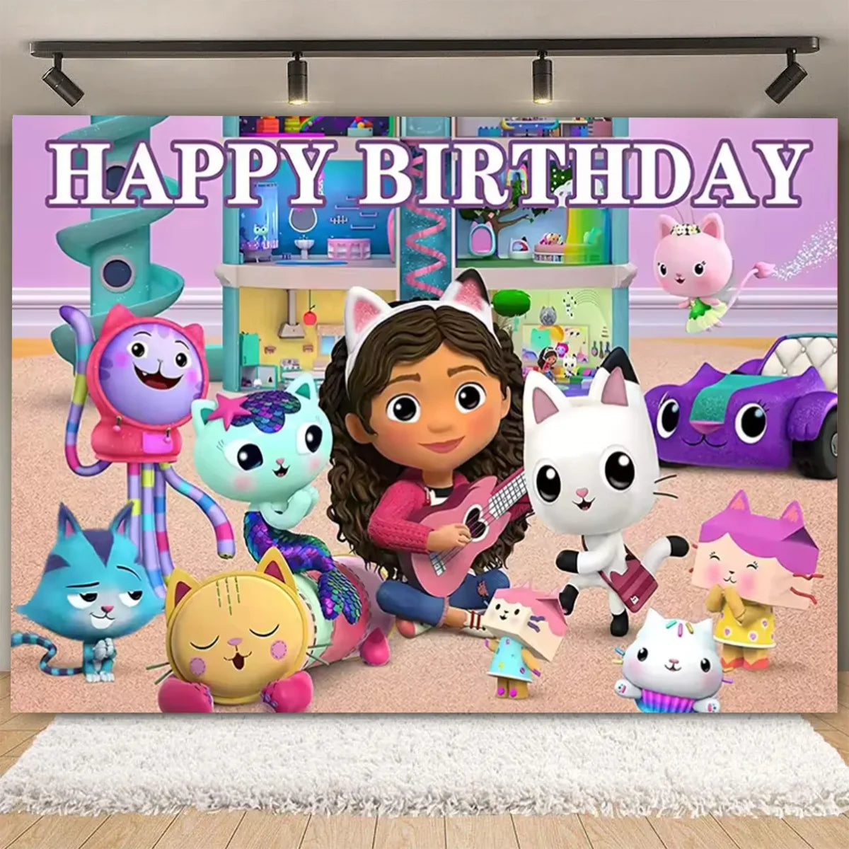 Cartoon-Gabby Dollhouse Children's Birthday Party Supplies Decoration Background Girl Baby Shower Pink Cat Toy Photo Banner Prop