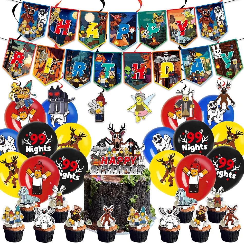 99 Nights In The Forest Themed Birthday Party Deer Balloons Best Friend Party Backdrop Cake Plugin Fans Carnival Decoration Gift
