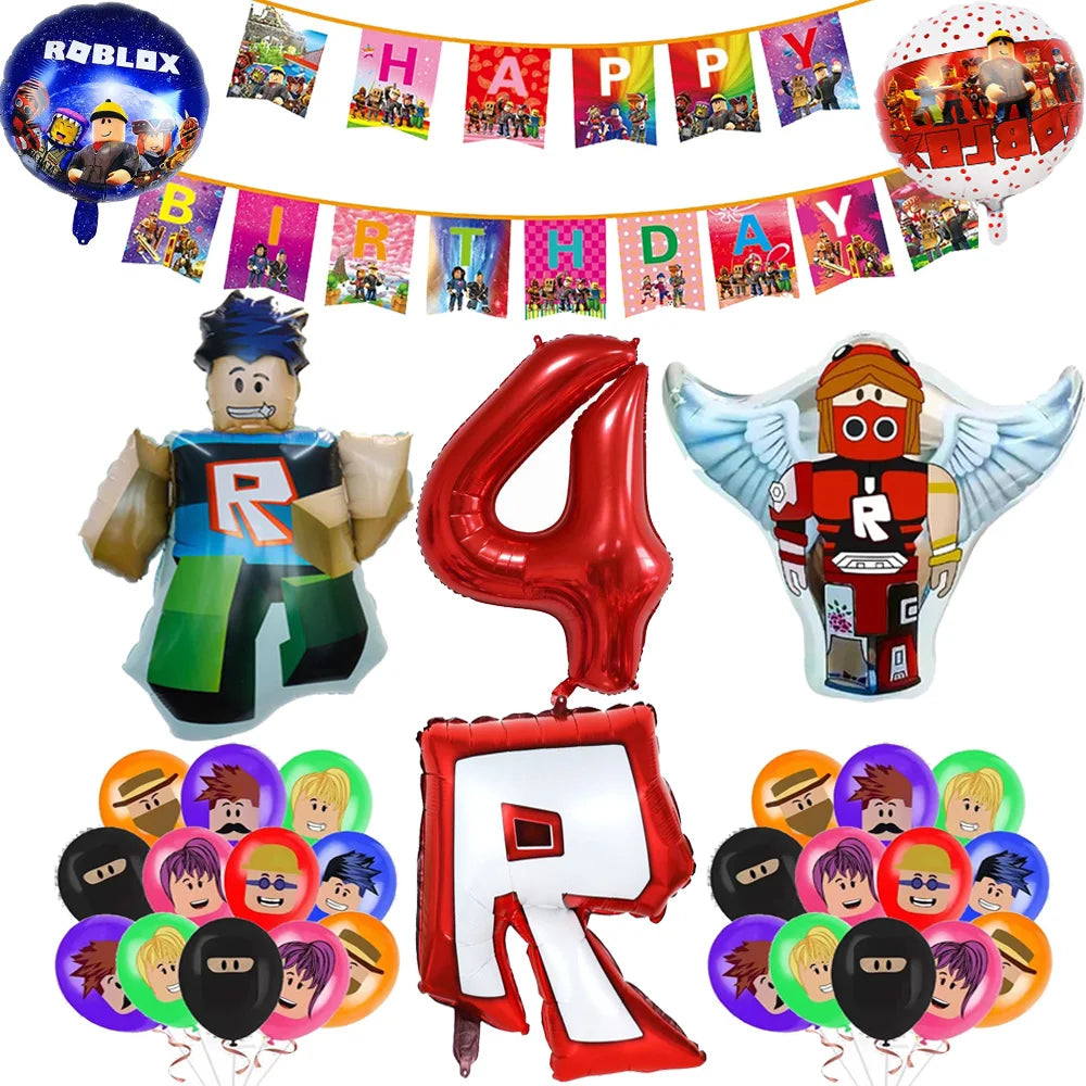 1Set ROBLOX Theme Happy Birthday Balloons Cartoon Game Family Party Decorations Boy Kid Toy Baby Shower DIY Foil Latex Balloons