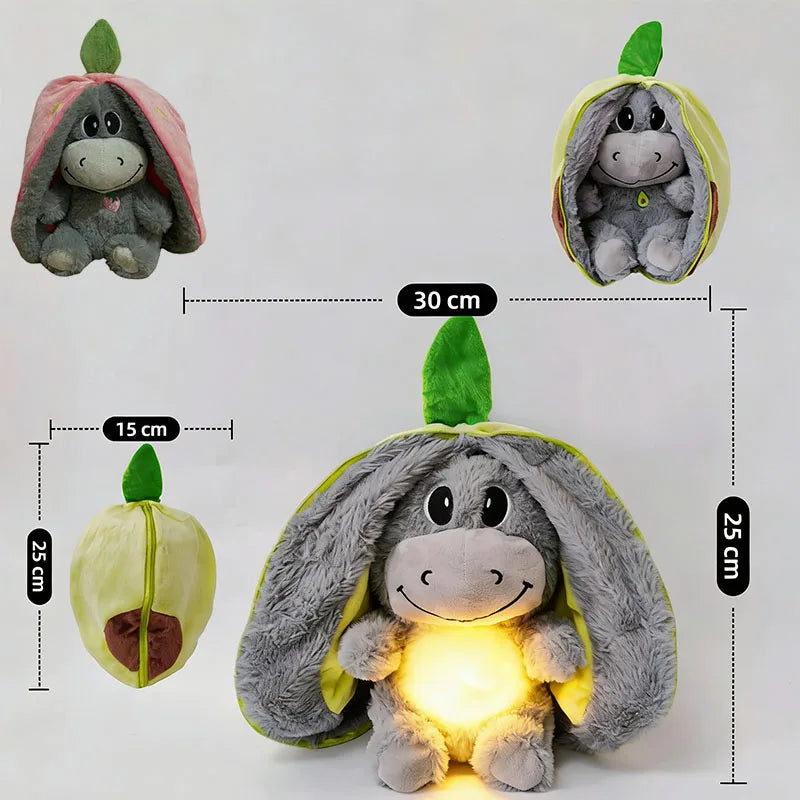 2026 Hot Breathing Soothing Cute Strawberry Donkey Plush Toys Sleep Companion Music and Light Dolls Soft  Plush Bedtime Toys