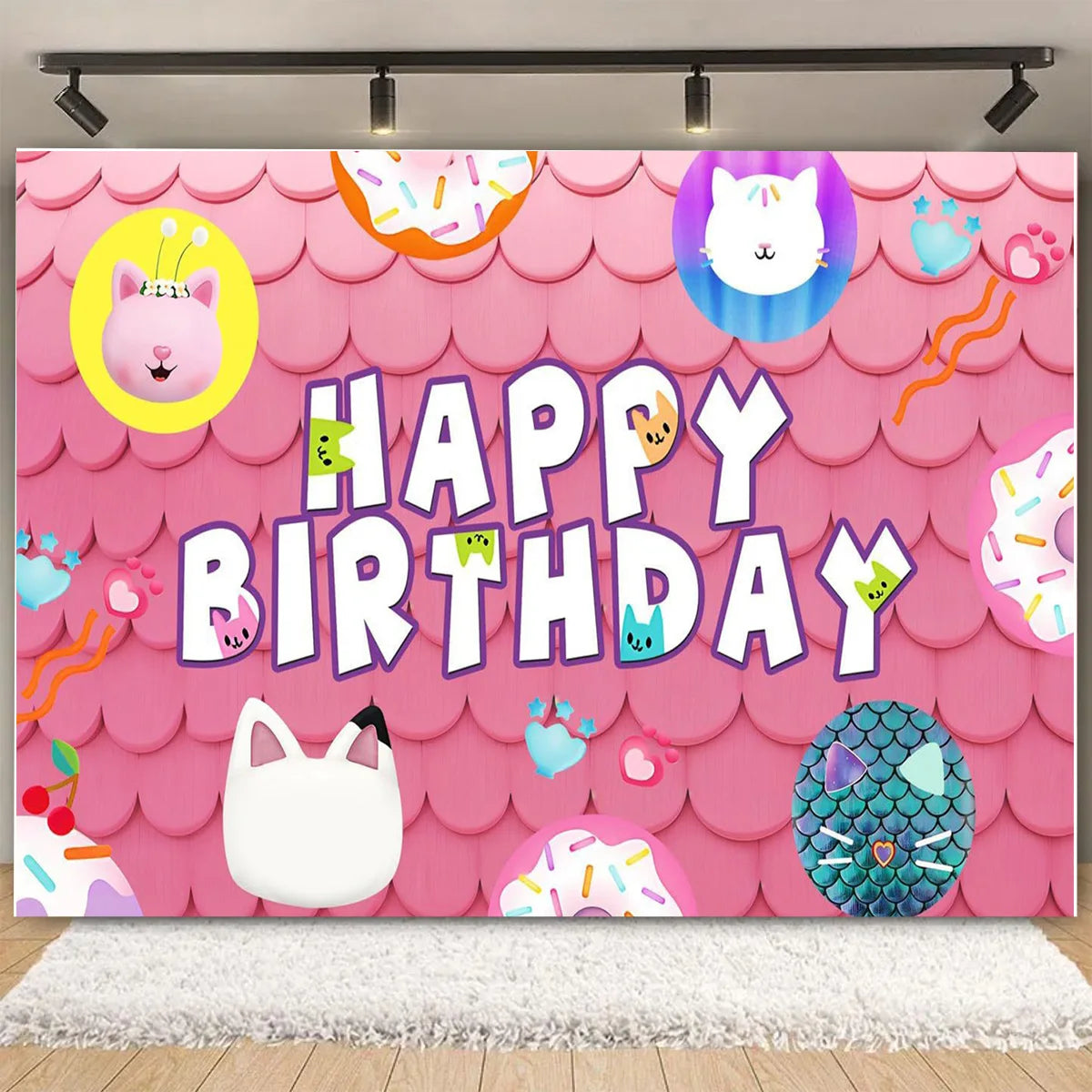 Cartoon-Gabby Dollhouse Children's Birthday Party Supplies Decoration Background Girl Baby Shower Pink Cat Toy Photo Banner Prop