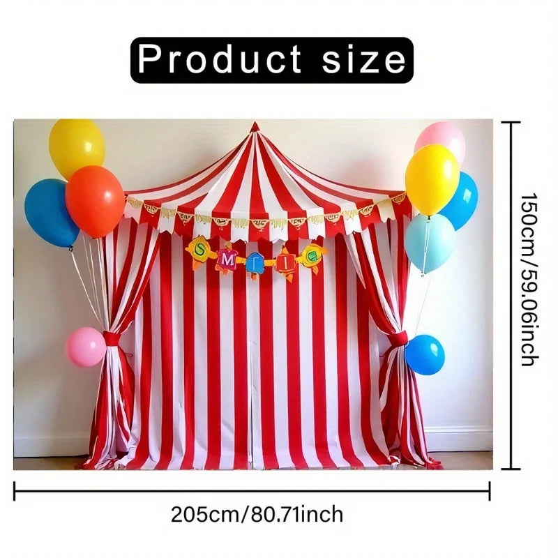 1 Carnival themed polyester background banner with colorful balloons and circus tent design - easy to hang