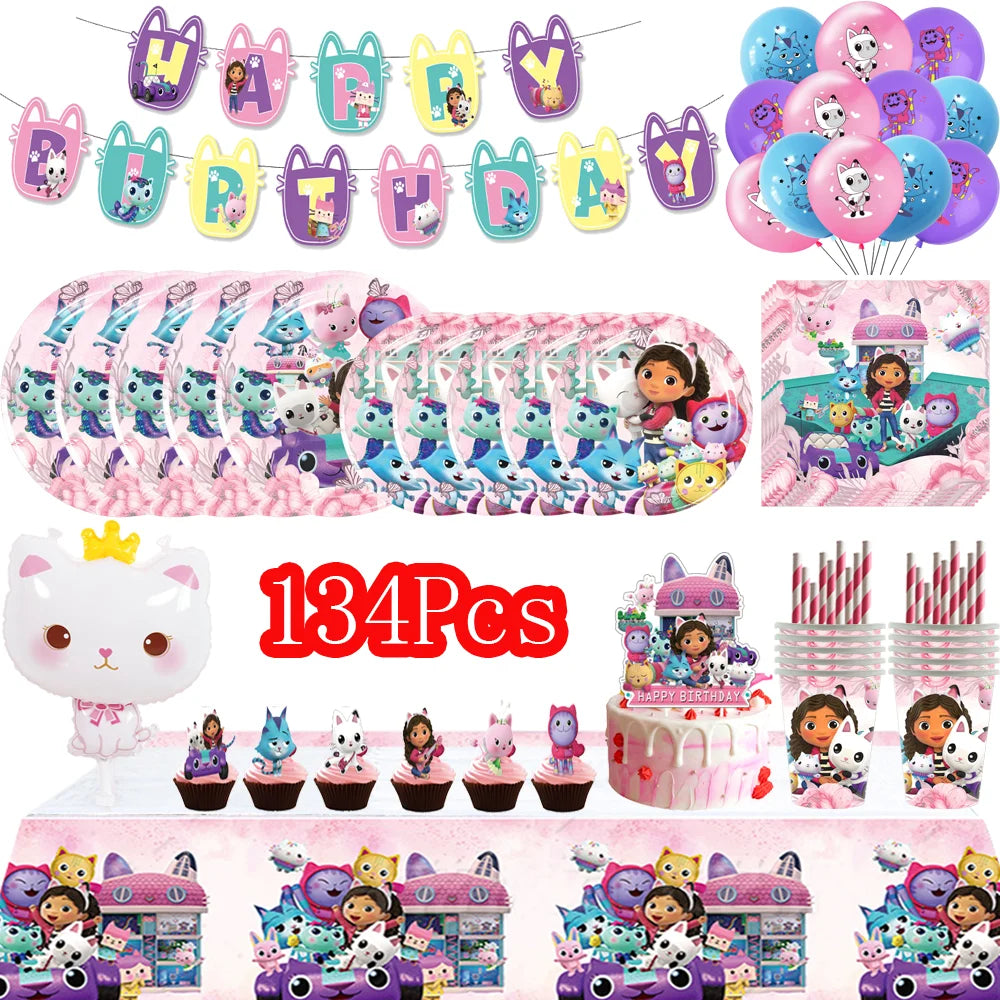 Cartoon Gabbys Birthday Party Decor Dollhouse Disposable Tableware Set Paper Cups Plates Tablecloth Baby Shower Kids Supplies